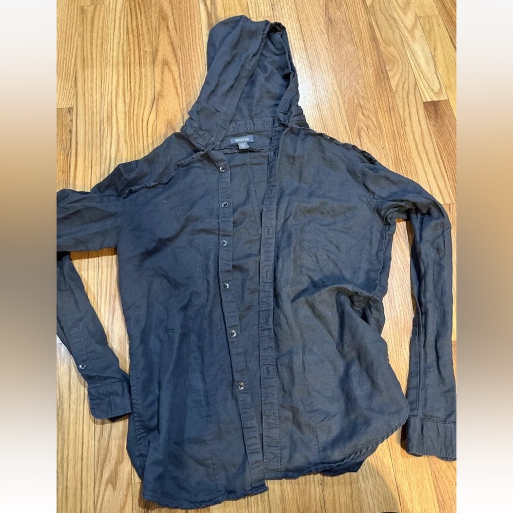 Dark Gray Black Kenneth Cole Reaction Long Sleeve Hooded Cotton Blend Top M